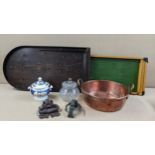 A mixed lot to include bagatelle boards, Victorian copper pan, pair of knockers and other items