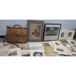A mixed lot to include a leather satchel, coloured engravings, maps, indentures, mixed ephemera