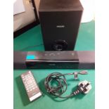 A Philips soundbar model No: HTL2150, serial No:KX1A1408892053 with cables, remote and subwoofer, no