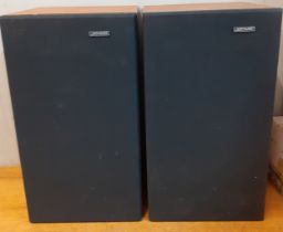 A pair of vintage Solavox teak cased PR30 speakers and a pair of black painted speaker stands.
