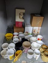 A mixed lot to include various mugs to include 'Jack Davies' whisky design mug and others,