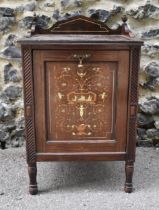 A late Victorian rosewood coal purdonium, with string inlaid top, the fall front inlaid with ivory