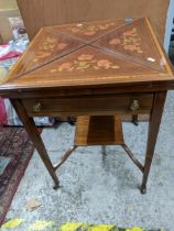 Edwardian inlaid mahogany envelope card table, floral inlaid decoration to the top, inset green