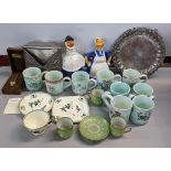 Ceramics to include Liberty mugs, tea ware, a pair of Soholm figure flasks, one A/F, silver plate