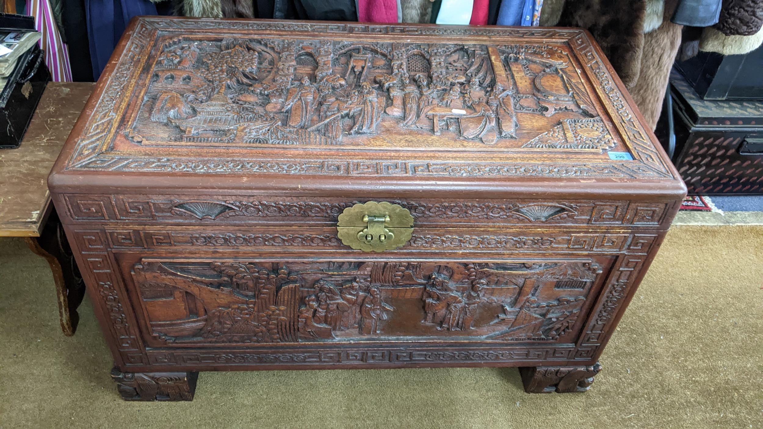 A mid 20th century Chinese camphor carved blanket chest 61h x 101W Location