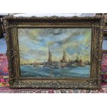 A 20th century continental harbour scene with sail boats to the foreground, oil on canvas unsigned