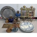 A mixed lot to include a pair of 19th century gilt metal three branch wall hanging mirrors, Delft