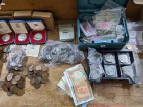 A selection of pre-decimal British coinage and foreign banknotes, commemorative coins, to include