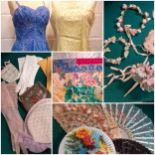 Mid to late 20th Century vintage ladies clothing, fans A/F, hair garlands, gloves, silk scarves to