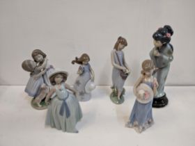 Six Lladro figures to include an oriental lady, in children and a girl with flowers in her basket,
