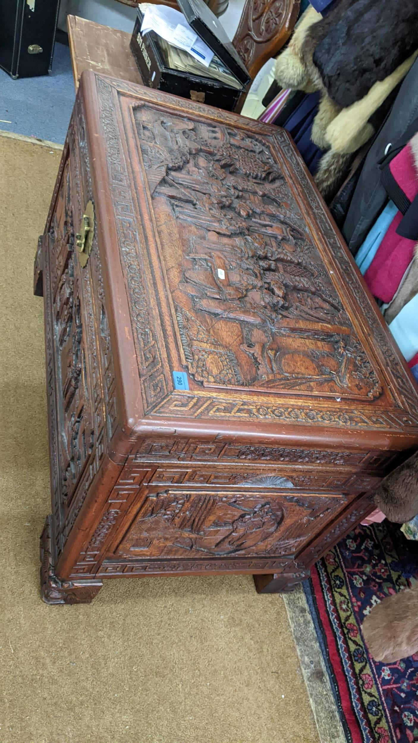 A mid 20th century Chinese camphor carved blanket chest 61h x 101W Location - Image 2 of 2