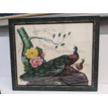 A 20th century Chinese painted silk panel of a peacock and pea hen Location: