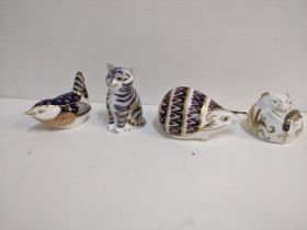 Royal Crown Derby paperweights to include a cat, a hedgehog, a wren and a mouse Location: