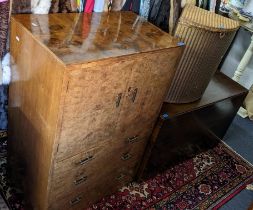 A mid 20th century burr walnut veneered tallboy together with a matching cabinet, Lloyd loom