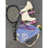 A pair of Risport ice skates in a carrying bag and a Wilson tennis racket Location: