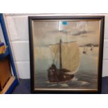 A vintage painting on material depicting a Nordic ship at sea with 2 further vessels in the