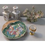 A mixed lot to include a 19th century Chinese famille rose serving dish, 19th century French bottles