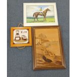 A framed and glazed watercolour of 'Arkle' together with a wall hanging marquetry plaque depicting a