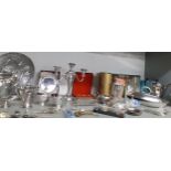 A quantity of silver plated items to include a two piece tea set with bone spacers, a two coin