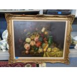 A still life study oil on canvas, depicting flowers, fruit and a vase, bears a signature Location: