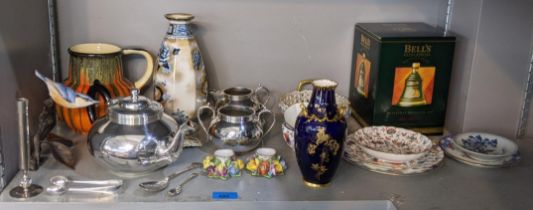 A mixed lot to include Dresden candlesticks, Royal Crown Derby vase, a Tenbyware jug, assorted