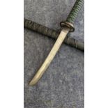 Two modern decorative display katanas, one with a black hand grip and sheath, the other with a