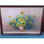 C Benolt - a still life of sunflowers and other flowers, oil on canvas, 90cm x 58cm, signed lower