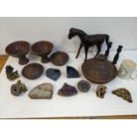 Pottery, crystals and other items to include domestic bowls, rock formation and soapstone carvings