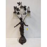 A reproduction of a bronzed finished art nouveau style table lamp, fashioned as a woman with three