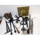 Metalware to include a bee smoke, a brass longcase clock face, wrought iron hinges, towel ring and