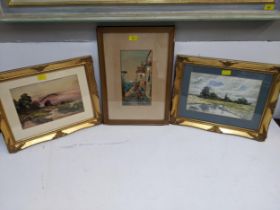 Three watercolours to include a pair of early 20th century British school river scenes and Italian