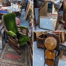 A circa 1900 oak green upholstered rocking chair together with a three tier cake stand and Queen