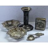 Mixed silver and white metal items to include a pair of pierced dishes, silver miniature notebook