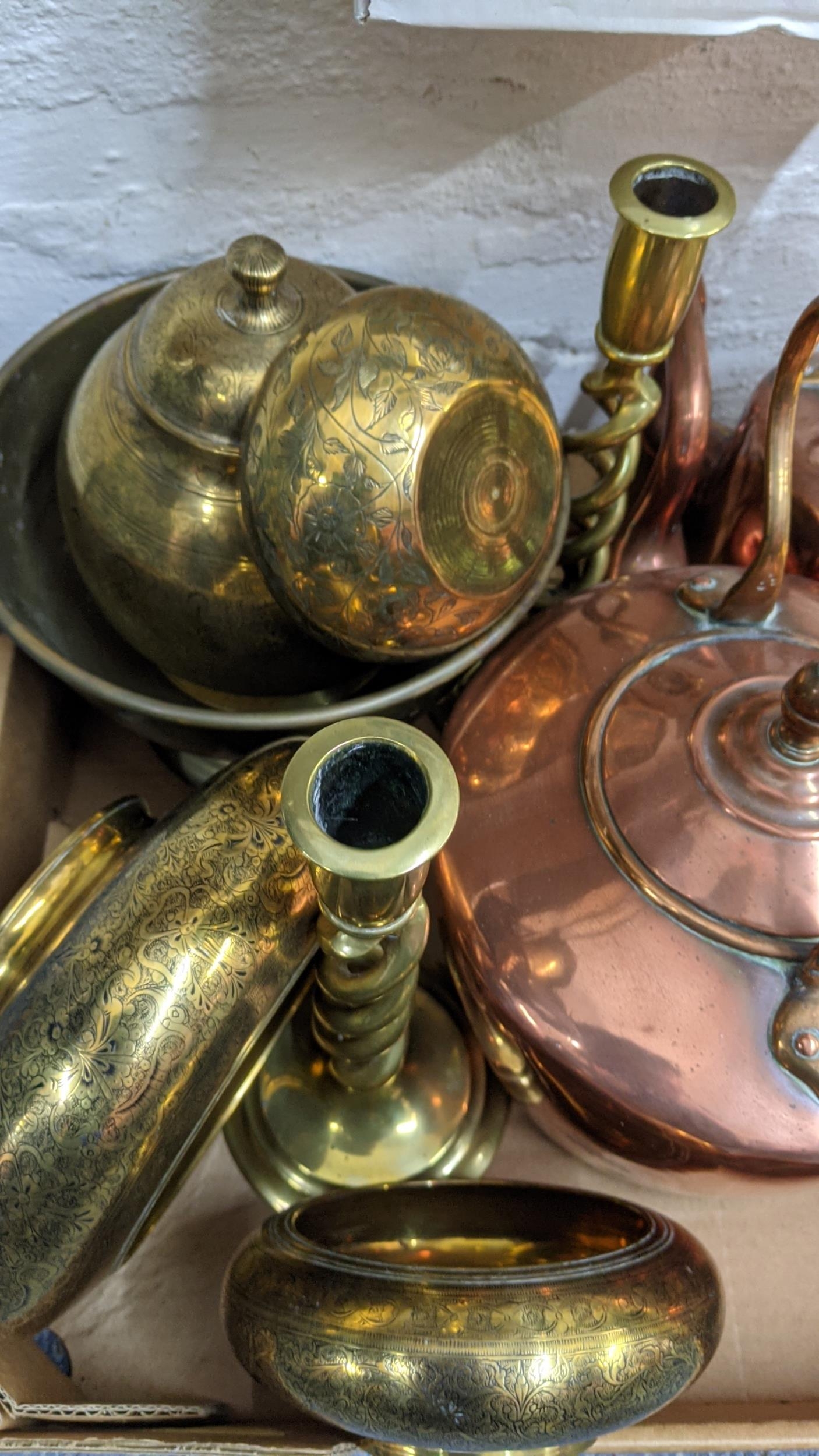 Metalware to include Indian engraved bowl, two copper kettles, a pair of candlesticks and other - Image 2 of 3