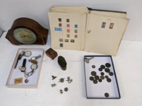 Collectables to include postage stamps, coins, military and other badges, watches and other items