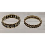 Two 9ct gold eternity rings, one set with blue and white sapphires, one set with white sapphires,