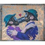 Paul Cemmick - oil on canvas depicting two embracing figures wearing gas masks, 59.5cm x 50cm