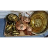 Metalware to include Indian engraved bowl, two copper kettles, a pair of candlesticks and other