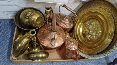 Metalware to include Indian engraved bowl, two copper kettles, a pair of candlesticks and other