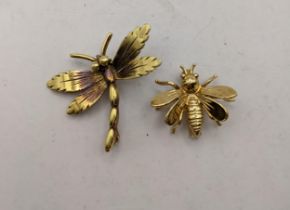 A 9ct gold dragonfly brooch, and a 9ct gold honey bee brooch, 5.6g Location: