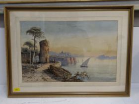Edwin Earp - a North African style river scene with figures, a boat and building watercolour, framed