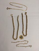 Four 9ct gold bracelets to include two rope twists and a yellow metal enamelled pendant depicting