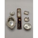 A mixed lot to include a yellow metal stick pin brooch and others together with silver items to