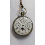 A late 19th/ early 20th century calendar moon phase open face pocket watch, the white enamel dial