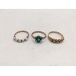 Three 9ct gold rings, one set with five small pearls, another set with non-precious stones in the