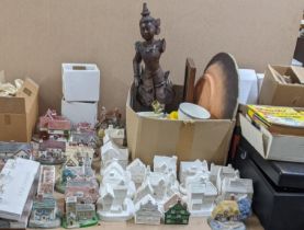 A mixed lot to include a treen carved figure, Master Plaster cottages, glassware, ceramics, Dandy