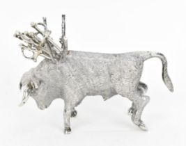 A Continental silver novelty cocktail stick holder modelled as a Toro bull, with sticks shaped as