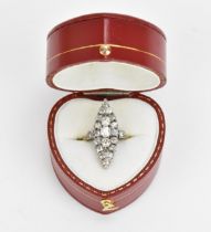 A navette diamond cluster dress ring, set with twenty-one mixed shaped old cut diamonds, with