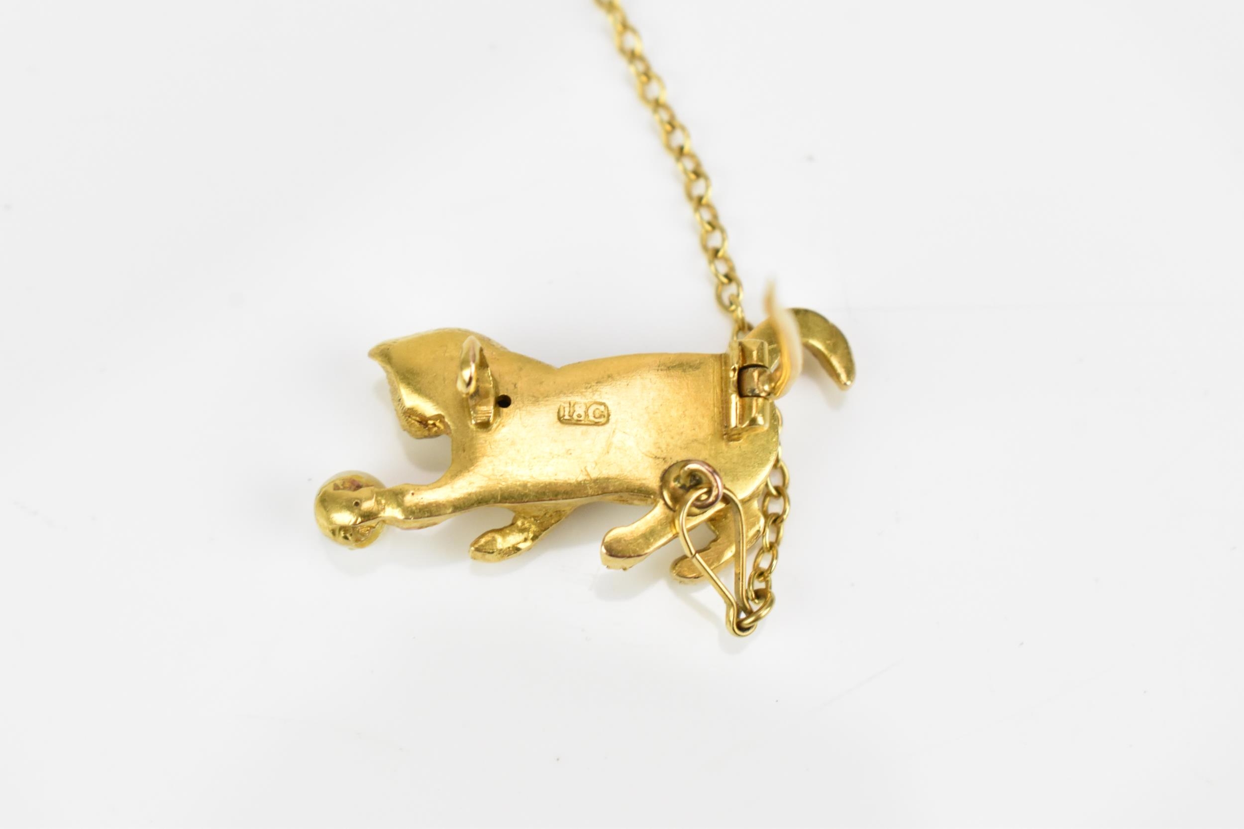 An 18ct yellow gold, diamond and pearl brooch of a cat playing with a ball, naturalistically - Image 4 of 5