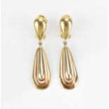 A pair of 14ct three tone gold drop earrings, teardrop shaped with longer hanging drop, 5 cm long,